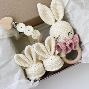 Baby Gift Set - Bunny Toy, Booties with Ears and Pacifier Holder - Handmade Newborn Gift - Baby Shower Gift - Neutral Baby Box