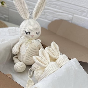 Baby Gift Set - Bunny Toy, Booties with Ears and Pacifier Holder - Handmade Newborn Gift - Baby Shower Gift - Neutral Baby Box
