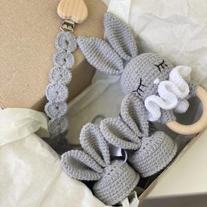 Baby Gift Set - Bunny Toy, Booties with Ears and Pacifier Holder - Handmade Newborn Gift - Baby Shower Gift - Neutral Baby Box