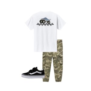 May include: A white t-shirt with a monster truck graphic, paired with camouflage cargo pants and black and white sneakers. The shirt features the text "MONSTER TRUCKS ARE MY JAM". A casual outfit for everyday wear.