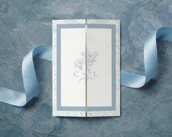 Dusty Blue Gatefold Wedding Invitation Template, Something Blue Floral Trifold Invite with Timeline, Details and RSVP QR Code, IRS26