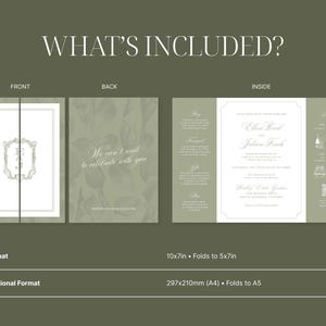 May include: A tri-fold wedding invitation suite in sage green and white. The front features a monogram, the back displays text and a website, and the inside includes event details, a schedule, and a QR code. Dimensions are 10x7 inches, folding to 5x7 inches.
