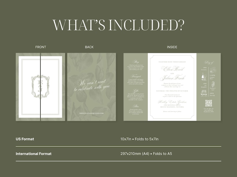 May include: A tri-fold wedding invitation suite in sage green and white. The front features a monogram, the back displays text and a website, and the inside includes event details, a schedule, and a QR code. Dimensions are 10x7 inches, folding to 5x7 inches.