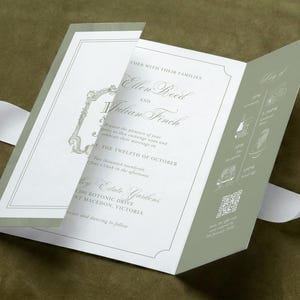 May include: A tri-fold wedding invitation in sage green and white, featuring elegant serif typography, a decorative border, and a schedule of events with icons. The text includes the names Ellen Reed and Julian Finch, the date October 12th, and a QR code.