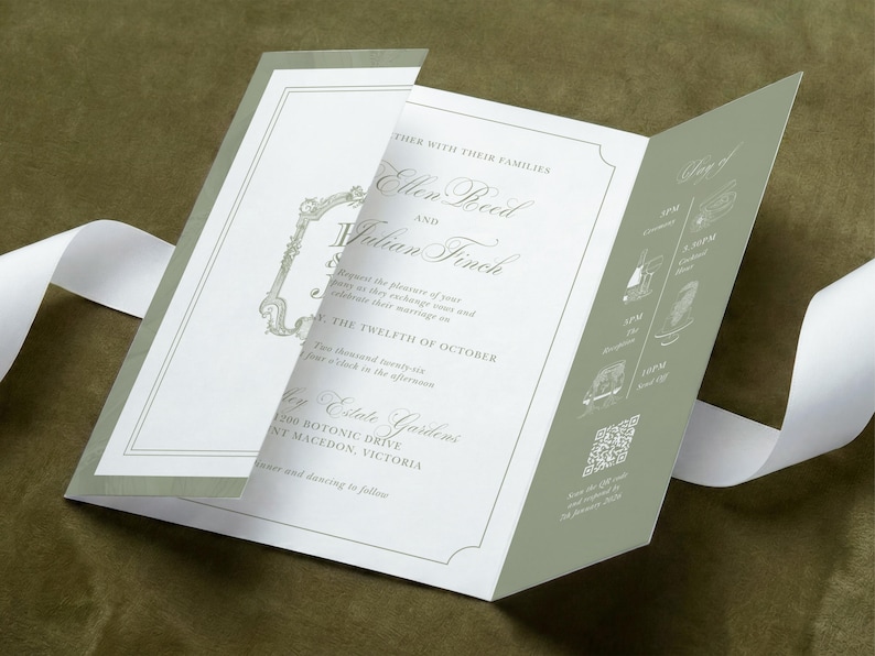 May include: A tri-fold wedding invitation in sage green and white, featuring elegant serif typography, a decorative border, and a schedule of events with icons. The text includes the names Ellen Reed and Julian Finch, the date October 12th, and a QR code.