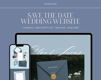 Dusty Blue Save the Date Hochzeitswebsite-Vorlage, digitale Einladung mit Antwortkarte, etwas Blaues, Hochzeitsansage und Countdown, IRS26