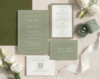 Sage Green Wedding Invitation Suite Template, DIY Garden Wedding Invite Kit with Details Card and RSVP QR Code, Digital Download, ARD26