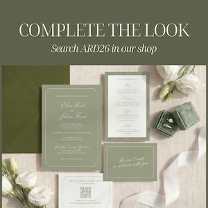 May include: A wedding stationery set in sage green featuring a main invitation, a details card, and a small response card with a QR code. The set includes a matching envelope, a velvet ring box, and white flowers, with the text COMPLETE THE LOOK.