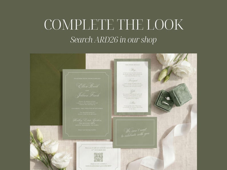 May include: A wedding stationery set in sage green featuring a main invitation, a details card, and a small response card with a QR code. The set includes a matching envelope, a velvet ring box, and white flowers, with the text COMPLETE THE LOOK.