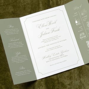 May include: A tri-fold wedding invitation card in sage green and white. The center panel features the names Ellen Reed and Julian Finch, date, and venue details. The side panels include event timeline icons, a QR code, and guest information.