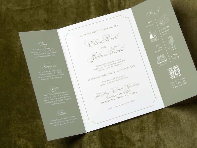 May include: A tri-fold wedding invitation card in sage green and white. The center panel features the names Ellen Reed and Julian Finch, date, and venue details. The side panels include event timeline icons, a QR code, and guest information.