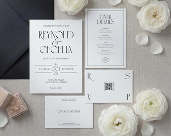 Old Money Wedding Invitation Suite Template, Invite Set with Details Card and RSVP QR Code, Digital Download, PSTN26