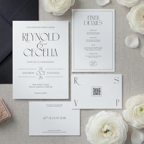 Modèle de suite de faire-part de mariage vieil argent, ensemble d'invitations avec carte de détails et code QR RSVP, téléchargement numérique, PSTN26