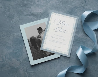 Dusty Blau Foto Save the Date Vorlage, Französisch Toile Hochzeitsankündigung Postkarte, Chinoiserie Blau Blumen einladen, digitaler Download, IRS 26