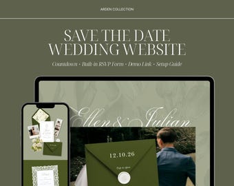 Sage Grün Save the Date Hochzeitswebsite, Digitale Einladung mit Antwortantwort und Details, Olivgrün Ankündigung und Countdown, ARD26