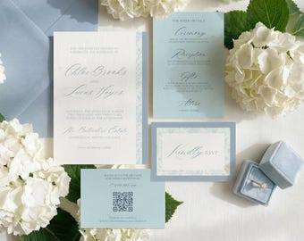 Dusty Blue Wedding Invitation Suite Template, Something Blue QR Code RSVP and Details Card, Digital Download, IRS26