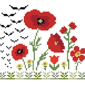 May include: Cross-stitch pattern featuring red poppies, a single tulip, and small red flowers with yellow centers. The background is white with a row of black bats flying across the top.