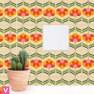 May include: A set of 9 retro-style ceramic tiles featuring a repeating pattern of orange, pink, and green flowers. The tiles are arranged in a grid pattern and are ideal for adding a touch of vintage charm to any space.