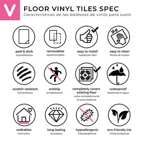 Op de afbeelding: Een afbeelding met kenmerken van vinyl vloertegels. Tekst omvat "peel & stick", "removables", "easy to install", "easy to clean", "scratch resistant", "antislip", "completely covers existing floor", "waterproof", "walkables", "long lasting", "hypoallergenic" en "eco-friendly ink".