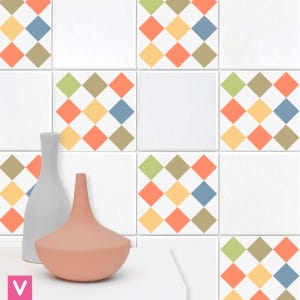 May include: A set of colorful diamond-shaped tile stickers in shades of green, orange, yellow, and blue. The stickers are arranged in a repeating pattern on a white background.