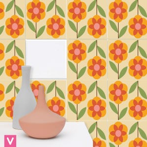 Flowers Poppy Pattern Tile Stickers, Peel and Stick Vinyl Tile, Wall Tile Decal, Adhesive Mid Century Tile, Pack of 10