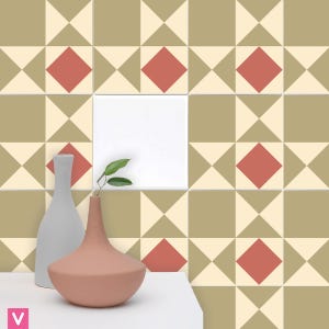 May include: A geometric tile pattern with alternating beige and light brown triangles and red diamond shapes. Two vases, one gray and one terracotta, are in the foreground.