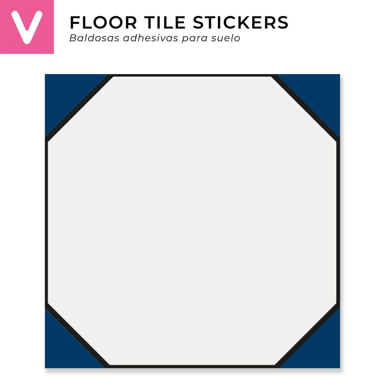 Op de afbeelding: Witte achthoekige vloertegelsticker met marineblauwe hoekaccenten en een zwarte rand. De tekst "FLOOR TILE STICKERS" wordt boven de tegel weergegeven, met "Baldosas adhesivas para suelo" eronder.