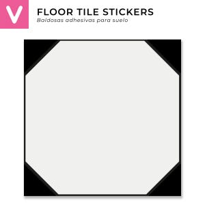 Op de afbeelding: Witte achthoekige vloertegelsticker met zwarte hoekaccenten. De tekst "FLOOR TILE STICKERS" en "Baldosas adhesivas para suelo" staat linksboven in de afbeelding.