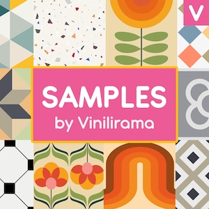 May include: A collage of patterned samples in various geometric and floral designs. The samples include a mix of colors, including orange, green, and beige. The text "SAMPLES by Vinilirama" is displayed on a pink background.