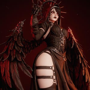 Puede incluir: Ilustración digital de una figura gótica con un atuendo negro con alas de plumas. La figura tiene piel pálida, ojos rojos y cabello oscuro. El atuendo incluye un corsé, una capa con capucha y correas para las piernas. Una corona en forma de halo está en la cabeza.