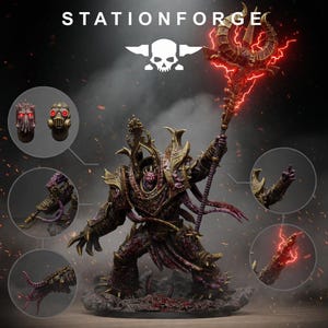 May include: A detailed figurine of a demonic warrior, holding a staff with red lightning. The figure is in shades of gold, purple, and red, with intricate armour and a menacing expression. The text "STATIONFORGE" is at the top.