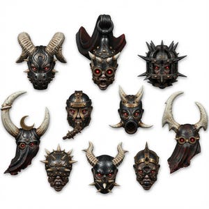 May include: A collection of ten miniature sculpted heads featuring dark metallic armour, spiked helmets, and horned masks. Each head displays glowing red eyes and intricate mechanical details, including chains, goggles, and sharp protrusions.