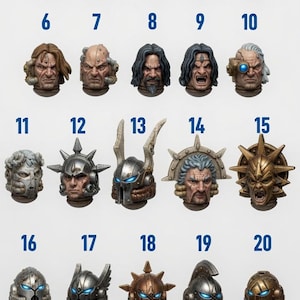 May include: A collection of twenty-five miniature painted heads and helmets arranged in a grid, numbered one through twenty-five. The set includes various human faces with different expressions and hairstyles, alongside metallic helmets with blue glowing visors.