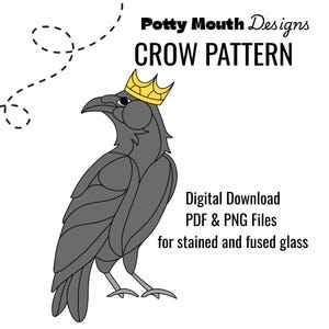 Stained Glass Crow with Crown, Stained Glass Crow Pattern, Digital Download, PDF, Digital Stained Glass Pattern Bird Crow