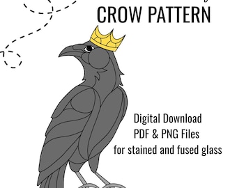 Stained Glass Crow with Crown, Stained Glass Crow Pattern, Digital Download, PDF, Digital Stained Glass Pattern Bird Crow