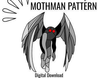 Stained Glass Mothman, Stained Glass Cryptid Pattern, Digital Download, PDF, Digital Stained Glass Pattern Moth man