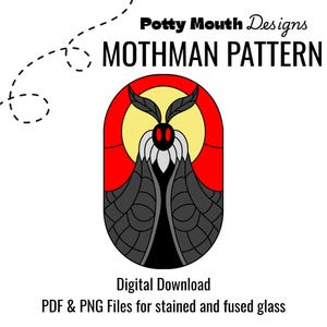 May include: A stained glass pattern of Mothman, a creature with large wings and red eyes, against a red and yellow background. The pattern is titled "Mothman Pattern" and is a digital download for stained and fused glass.