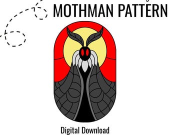 Stained Glass Mothman, Stained Glass Cryptid Pattern, Digital Download, PDF, Digital Stained Glass Pattern Moth man