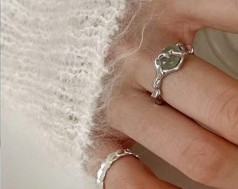 Sterling Silver Organic Ring with Green Gemstone – Handmade Textured Statement Ring, Nature Inspired Jewelry, Unique Gift for Her