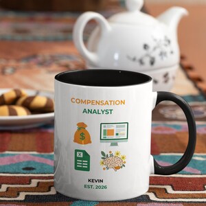 Op de afbeelding: Witte keramische mok met een zwarte binnenkant en handvat. De mok heeft de tekst "COMPENSATION ANALYST" en illustraties van een geldbuidel, computerscherm, spreadsheet en hersenen. De naam "KEVIN" en het jaar "EST. 2026" staan ook op de mok.