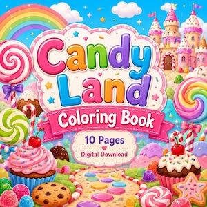 Könnte beinhalten: Eine farbenfrohe Illustration für ein "Candy Land Malbuch" mit Regenbogen, Lollis, Cupcakes und einem Bonbonschloss. Das Buchcover zeigt den Titel "Candy Land Malbuch" mit dem Text "10 Seiten" und "Digitaler Download".
