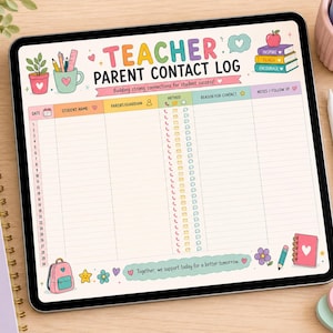 May include: A digital tablet displaying a Teacher Parent Contact Log template with colorful headers, columns for date, student name, parent, method, reason, and notes, decorated with illustrations of school supplies, books, and hearts.