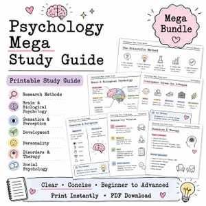 Peut inclure: Un ensemble de guides d'étude imprimables sur la psychologie comprenant plusieurs pages sur les méthodes de recherche, l'anatomie du cerveau, le développement, les théories de la personnalité et les thérapies, avec des icônes et des tons pastel.