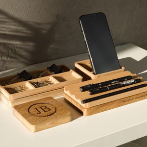 Personalized Wood Desk Organizer: Engraved Catch-All Tray, Oak & PLA