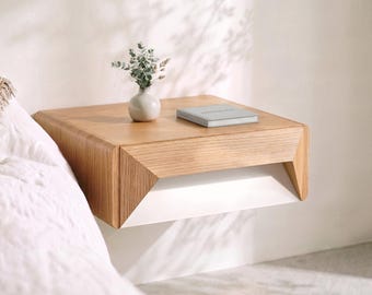 Narrow Floating Bedside Table Wall Mounted Nightstand Solid Oak Small Bedroom Minimalist Furniture