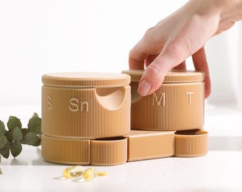 Personalized Couples Pill Organizer: Dual Wooden Weekly Dispenser, His Hers Medication Case