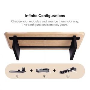 May include: A wooden shelf with black supports and a series of modular components. The text "Infinite Configurations" and instructions are displayed above the shelf. The image shows how to arrange the modules.
