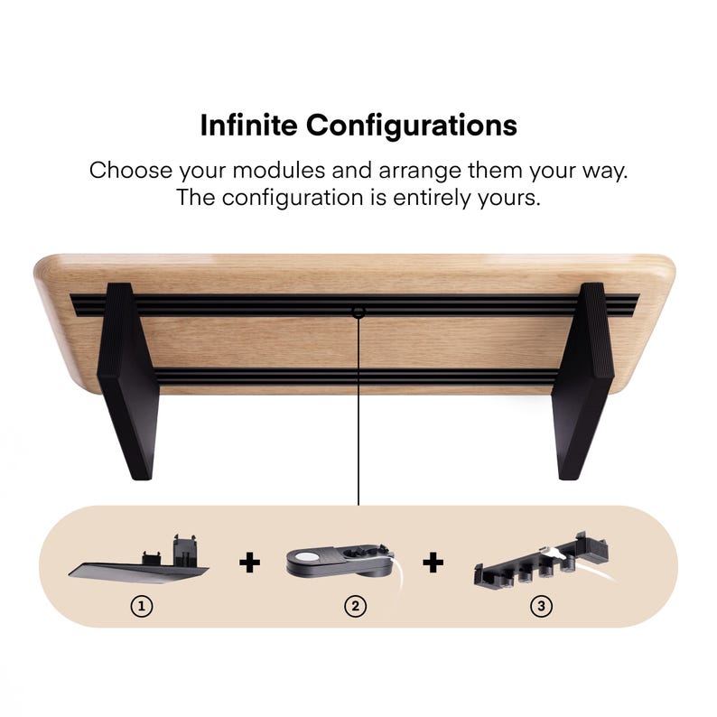 May include: A wooden shelf with black supports and a series of modular components. The text "Infinite Configurations" and instructions are displayed above the shelf. The image shows how to arrange the modules.