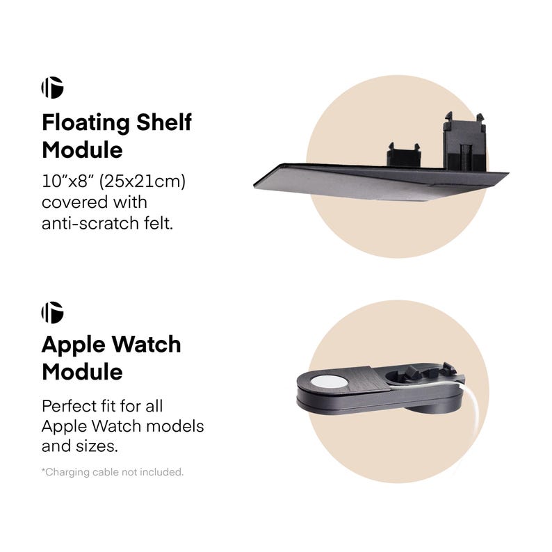 May include: Black floating shelf module, 10"x8", covered with anti-scratch felt. Also, an Apple Watch module designed to fit all models and sizes. The text reads "Floating Shelf Module" and "Apple Watch Module".