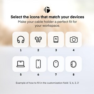 Puede incluir: Imagen con iconos de dispositivos electr&oacute;nicos: auriculares, auriculares, puerto de carga, c&aacute;mara. El texto invita a seleccionar los iconos que coincidan con los dispositivos. Se proporciona un ejemplo de personalizaci&oacute;n.
